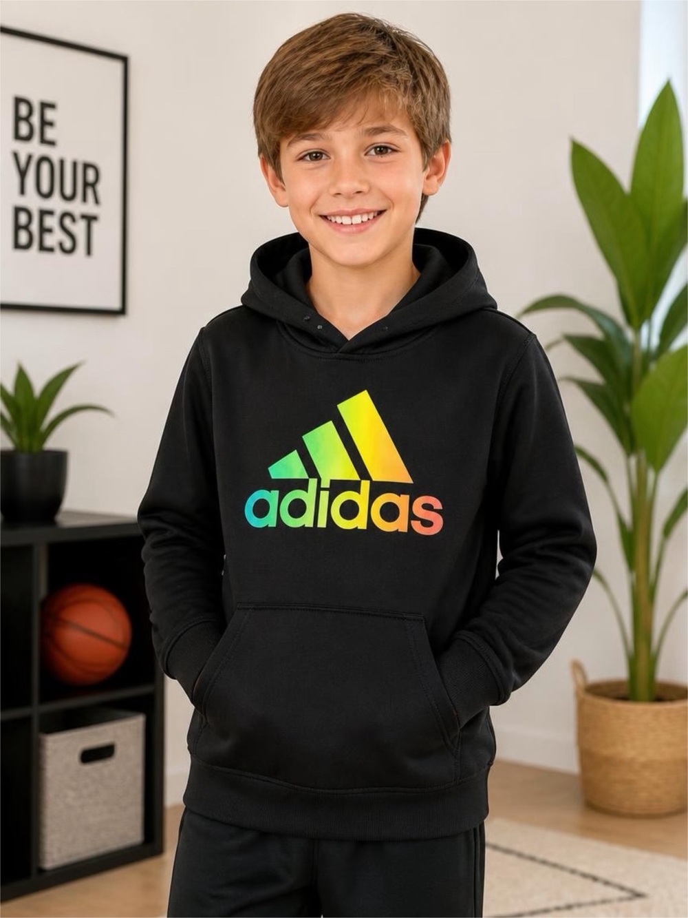 adidas Black Hoodie with Gradient Rainbow Logo